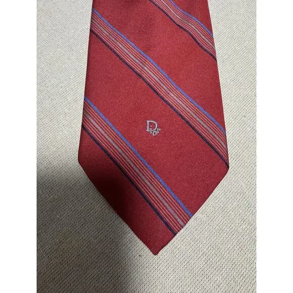 Vintage Christian Dior Tie Mens One Size Red Stripe Monsieur Logo Made USA 90s - Picture 4 of 9